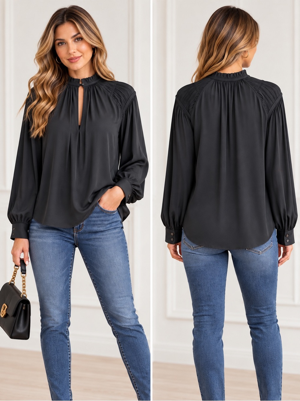 Rachel Zoe Black Smocked-Yoke Long Sleeve Blouse